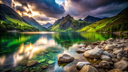 Storm clouds gather over a jagged, dark lake shore.  AI generated.