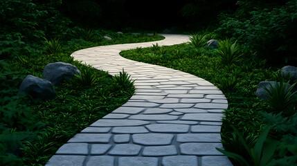 Obraz premium Winding stone path through lush green garden at night; tranquility, peace, journey metaphor; website banner