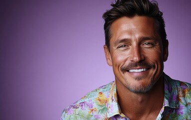 A man with a mustache and a floral shirt is smiling