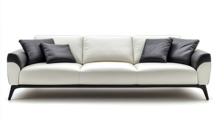 Fototapeta premium Modern minimalist white leather sofa with black accents and plush cushions, perfect for contemporary living room decor and stylish interior design ideas.