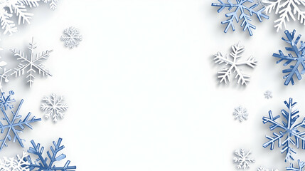 Winter snowflakes border on white background; holiday greeting card design