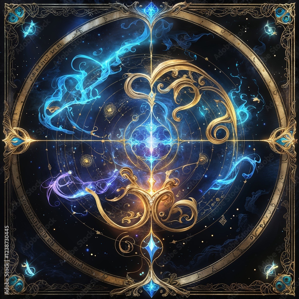 Poster artistic cosmic design featuring vibrant swirls and celestial motifs in intricate patterns against a