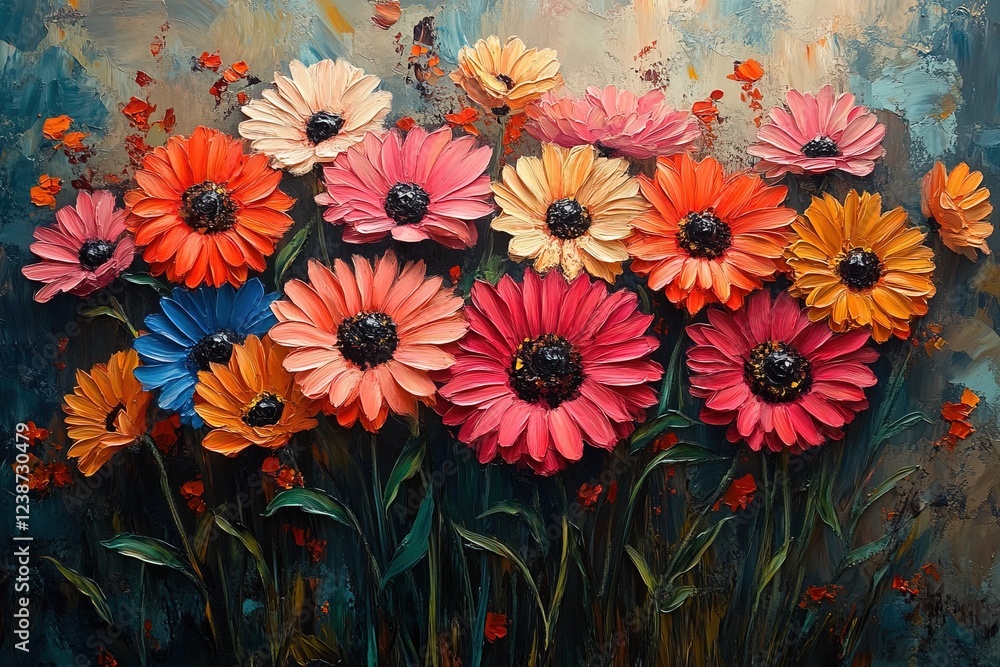 Poster vivid daisy blooms fill the frame. texture and dark background add depth. use for art