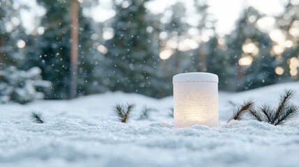 Illuminated winter lantern in snowy forest