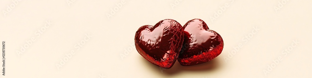 Fototapete a pair of heart-shaped chocolates wrapped in shiny red foil, resting on a simple cream background