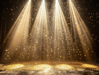elegant stage setting with cascading golden confetti and spotlights creating dramatic light beams through atmospheric haze