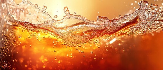  Close-up of a liquid cola with bubbles, zooming in on the splash and swirls. 