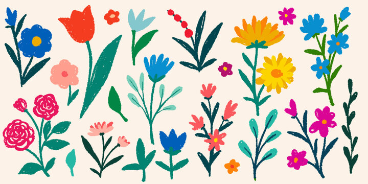 Cute kid doodle crayon flowers and leaves. Hand drawn doodle sketch childish element set. children draw style blooming plants