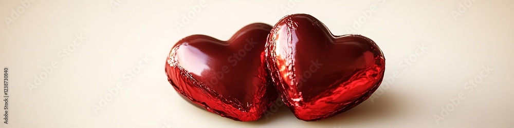 Fototapete a pair of heart-shaped chocolates wrapped in shiny red foil, resting on a simple cream background