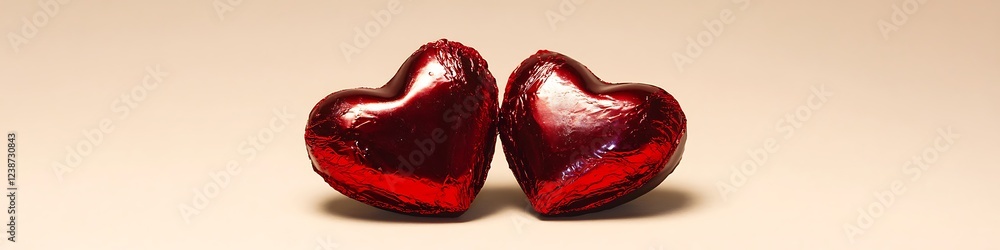 Fototapete a pair of heart-shaped chocolates wrapped in shiny red foil, resting on a simple cream background