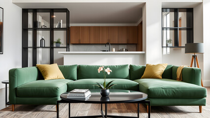 Modern green sofa in a minimalist living room with flower on coffee table. Stylish couch and home decor in loft style apartment or luxurious hotel room, Generative AI
