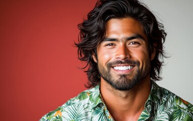 A man with a mustache and a floral shirt is smiling