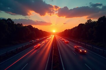 Obraz premium A stunning sunset view over a highway with streaks of car lights at dusk.