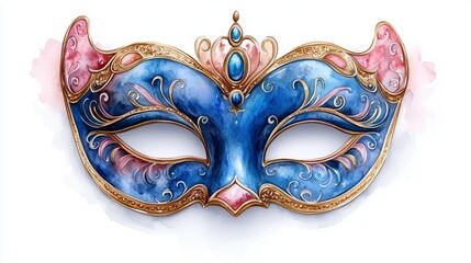 Elegant blue and gold venetian carnival mask with pink and blue decorations is posing on white background