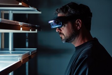 A man wearing AR glasses interacts with a digital overlay on a shelving unit, likely in a laboratory or industrial setting.