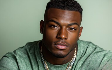 A man with a green shirt and gold chain necklace is looking at the camera