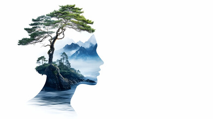 Woman's profile silhouette with mountain landscape inside her head; peaceful nature scene; meditation concept; for wellness websites