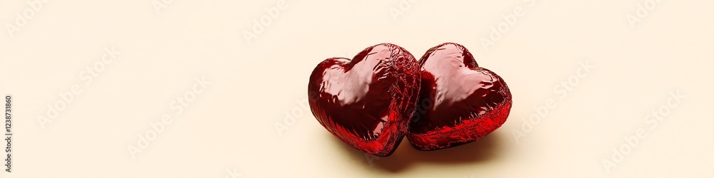 Fototapete a pair of heart-shaped chocolates wrapped in shiny red foil, resting on a simple cream background