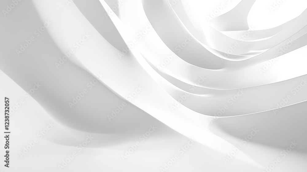 Poster abstract swirling white ribbons creating minimalist design with soft shadows and subtle gradient