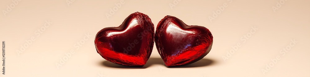Fototapete a pair of heart-shaped chocolates wrapped in shiny red foil, resting on a simple cream background