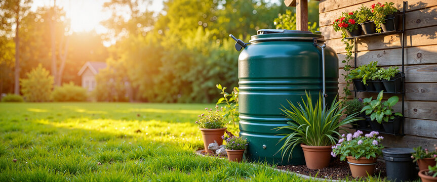 Eco-friendly rain barrel with vertical garden at dawn, sustainable living