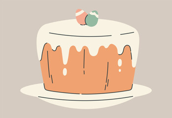 Flat isolated vector illustration of traditional Easter cake with white icing and decorative eggs on top. Simple design and warm pastel colors create a festive and cozy holiday atmosphere.