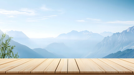 Wooden table overlooking misty mountain range; serene landscape for product display