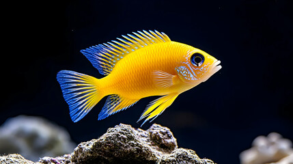 Naklejka premium Yellow cichlid fish swimming in aquarium, dark background, rocks, underwater scene, ideal for pet shops