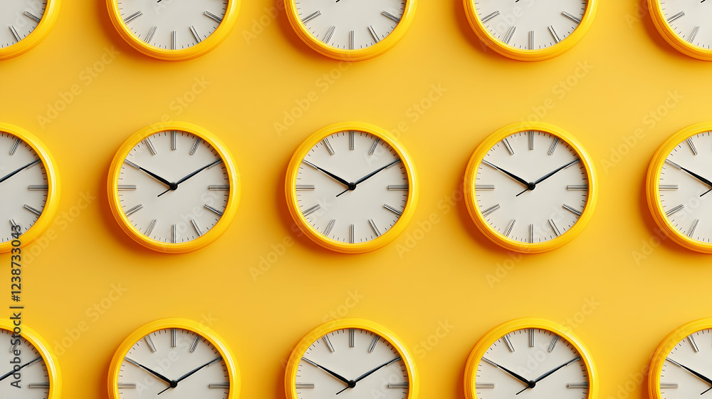 Poster yellow wall with synchronized clocks; time management concept; background for website or presentatio
