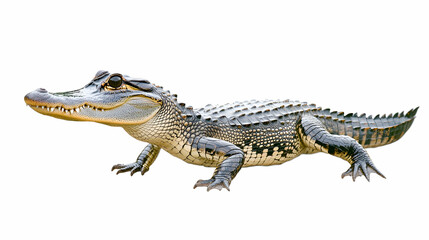 Naklejka premium Young alligator walking, white background, wildlife, nature photography, perfect for educational materials