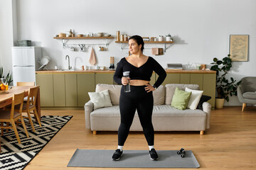 Fototapeta premium Young plus sized woman showcases strength while holding a water bottle in a stylish living space.