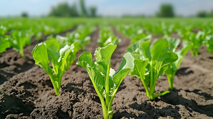 Obraz premium Young sugar beet plants growing in a field, sunny day, agricultural landscape, for farming and food industry publications