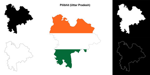 Fototapeta premium Pilibhit district (Uttar Pradesh) blank outline map set
