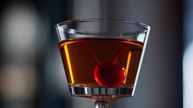 Classic Manhattan cocktail in a stemmed glass, garnished with a maraschino cherry, against a dark blurred background
