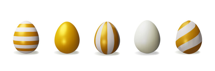 3d render set gold striped-vertical easter egg. Three-dimensional vector collection illustration for Christian celebration or children hunt, springtime holiday. Religion traditional ceremony element.