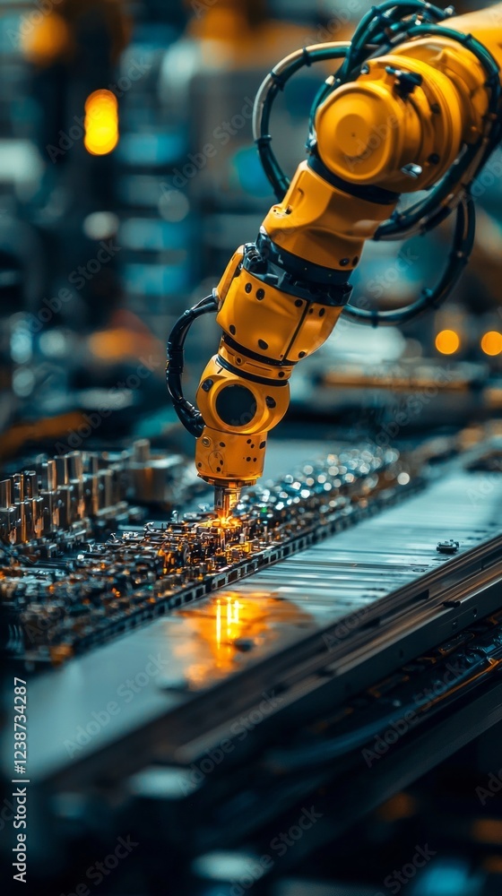 Poster in a bustling factory, a robotic arm gracefully assembles intricate circuit boards, showcasing advan