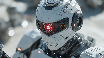 Futuristic White Robot Close up AI Technology Cyberpunk Concept