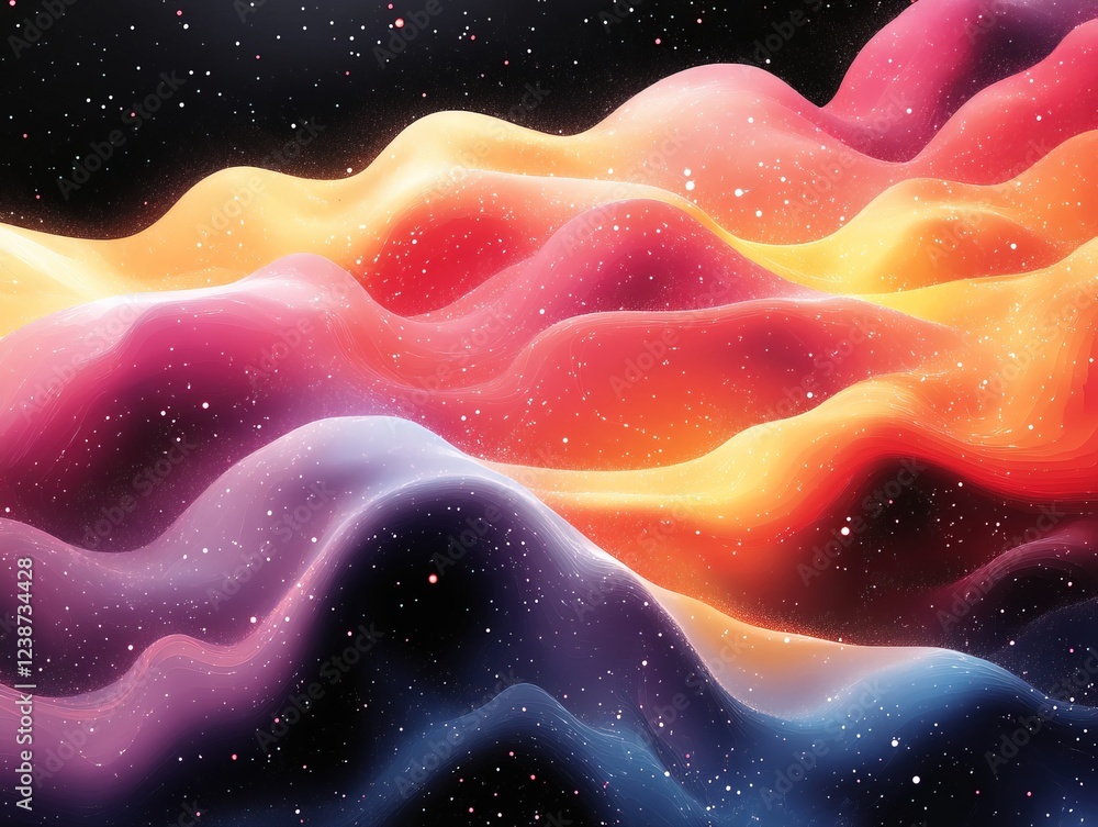 Poster wavy colored gradients with scattered dots on dark background for abstract design