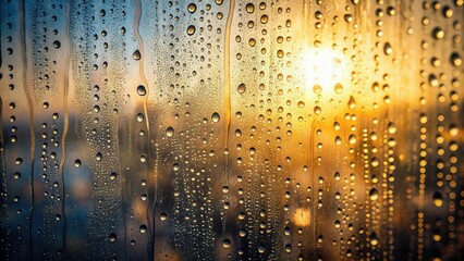 Golden Hour Condensation Water Droplets on Glass Reflecting a Warm Sunset