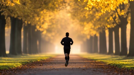 Runner in Autumn Park Surrounded by Golden Foliage and Trees