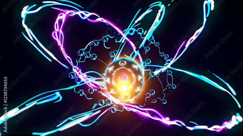 Poster exploring the vibrant representation of atomic structures with colorful energy trails