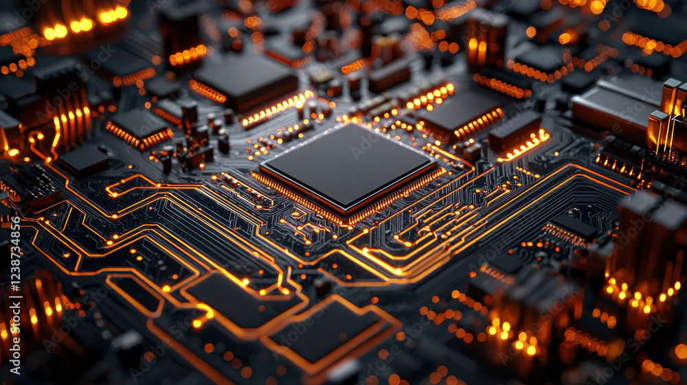 Poster high tech circuit board with glowing traces and microchips
