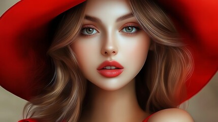 Fototapeta premium Woman with long brown hair and a red hat. She is wearing red lipstick and has a smile on her face