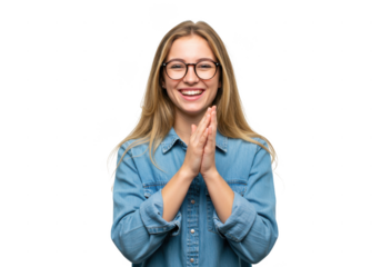 A cheerful woman with long blond hair and glasses wearing a casual denim shirt, clapping her hands, isolated on a white background