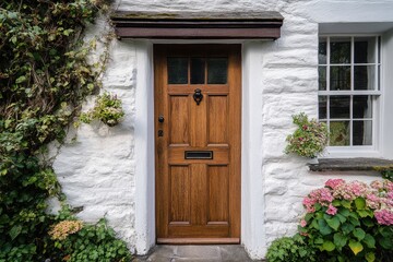 Fototapeta premium Charming wooden door of a quaint cottage surrounded by greenery and flowers in a peaceful neighborhood