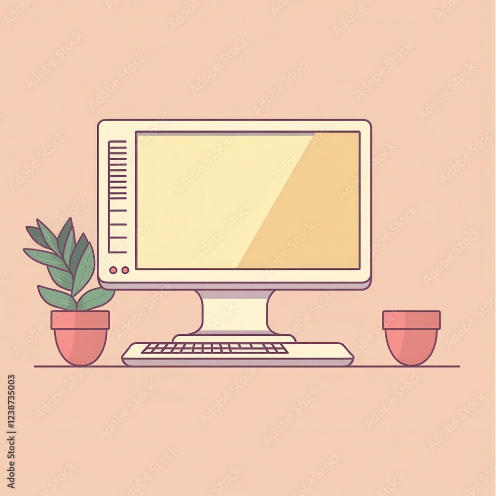 Poster computer desktop setup with two plants on light background retro style minimalist digital illustrati