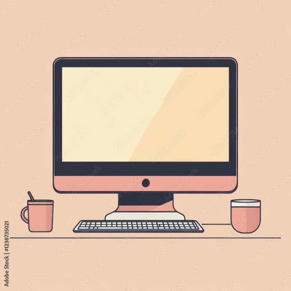 Aufkleber computer monitor with keyboard and two mugs in minimalist style on pastel colored table