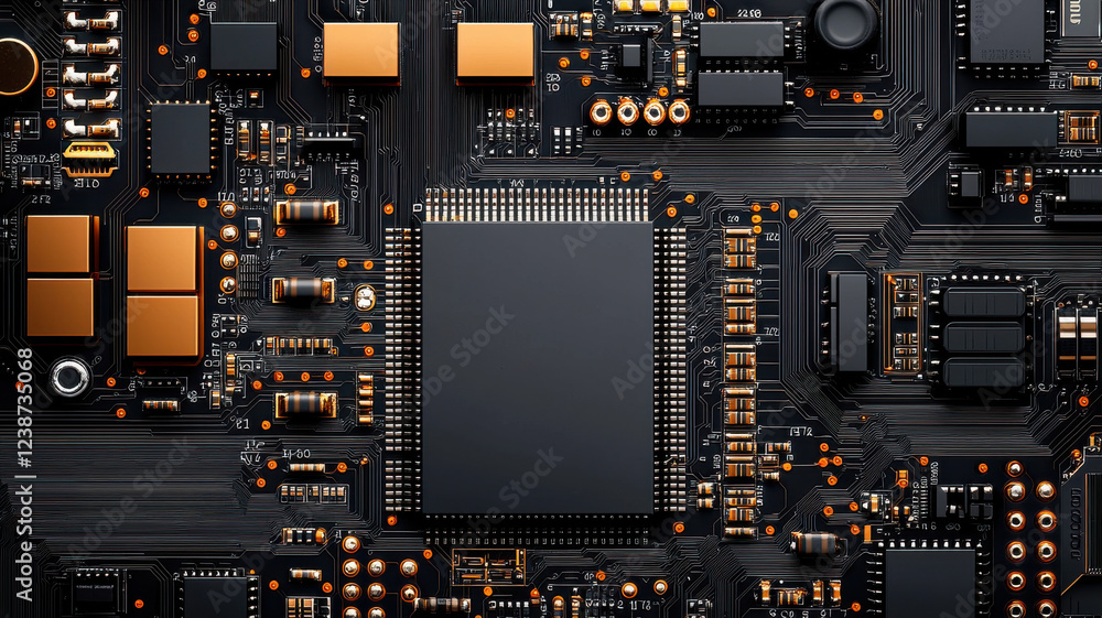 Poster close up of circuit board with conductive traces and electronic components
