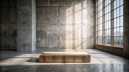 Sunlit Industrial Loft Interior with Wooden Display Platform