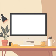 Computer Setup on a Desk with Plant and Lamp Ready for Work in a Modern Home Office Design